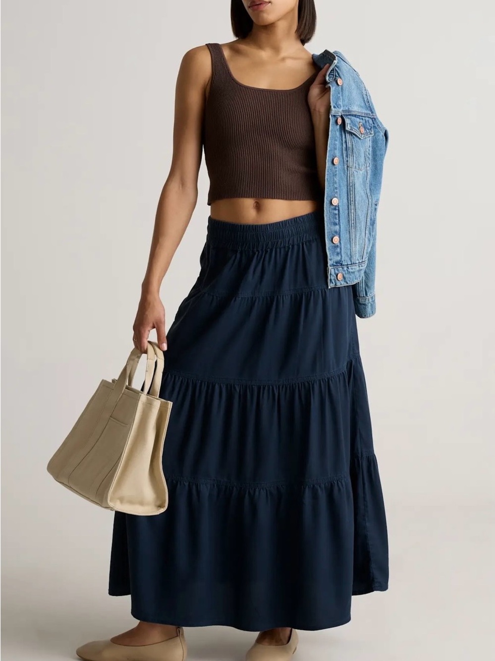 Quince Vintage Wash Tencel Tiered Maxi Skirt Navy Blue Small Pockets Minimalist